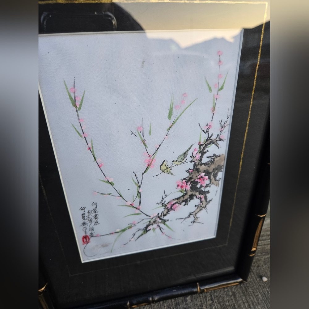 Two Original Art Paintings Asian Birds on Branches Vintage Bamboo Frame Upcycled - Picture 5 of 10